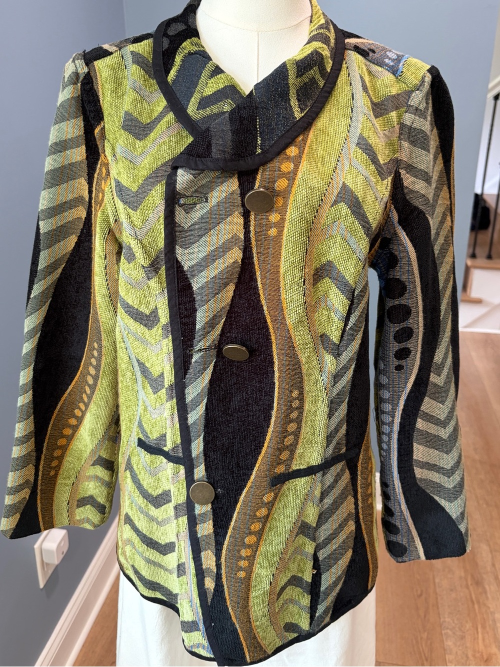John Mark Abstract Jacquard Knit Jacket Black Green Artistic Blazer Size Medium